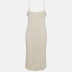 مملوكة مسبقًا Bottega Veneta White Cotton Knit Strap Sleeve Midi Dress L