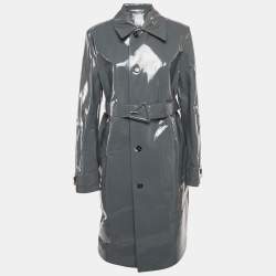 Pre Owned Bottega Veneta Grey High Shine Leather Belted Trench Coat S