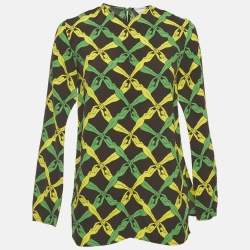 Pre Owned Bottega Veneta Black/Green Printed Crepe Blouse XS