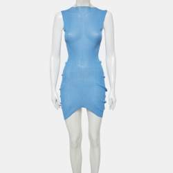 Pre Owned Bottega Veneta Blue Rib Knit Semi Sheer Dress S