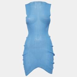 Pre Owned Bottega Veneta Blue Rib Knit Semi Sheer Dress S