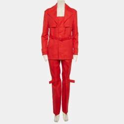 Pre Owned Bottega Veneta Red Gabardine Belted Set XS