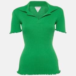 Pre Owned Bottega Veneta Green Rib Knit Open Collar Polo T-Shirt M