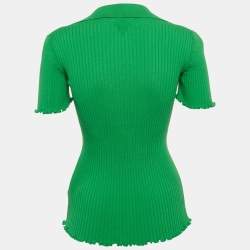 Pre Owned Bottega Veneta Green Rib Knit Open Collar Polo T-Shirt M