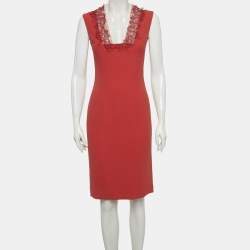 Pre Owned فستان بوتيغا فينيتا أحمر بدانتيل كريب قصير مقاس صغير