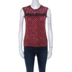 Bottega Veneta Red Microsquare Printed Cotton and Lace Yoke Sleeveless Top S 