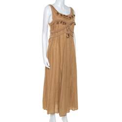 Pre Owned Bottega Veneta Camel Beige Linen Pom Pom Detail Pleated Dress L