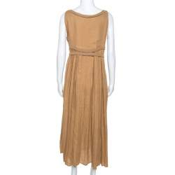 Pre Owned Bottega Veneta Camel Beige Linen Pom Pom Detail Pleated Dress L
