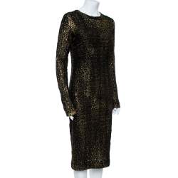 Pre Owned Bottega Veneta Black Foil Print Wool Midi Sheath Dress M