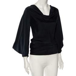 Pre Owned Bottega Veneta Navy Blue Silk Draped Neck Detail Billowed Sleeve Blouse S