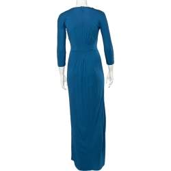 Pre Owned Bottega Veneta Blue Crepe V-Neck Long Sleeve Maxi Dress S