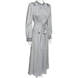 Pre Owned Bottega Veneta Blue Metallic Silk Embellished Belted Dress M