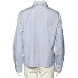 Bottega Veneta White and Blue Striped Cotton Lace and Studded Detailed Long Sleeve Shirt M