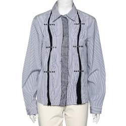 Bottega Veneta White and Blue Striped Cotton Lace and Studded Detailed Long Sleeve Shirt M