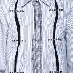 Bottega Veneta White and Blue Striped Cotton Lace and Studded Detailed Long Sleeve Shirt M