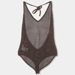 Pre Owned Bottega Veneta Brown Open Knit Halter Neck Bodysuit XL