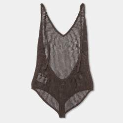 Pre Owned Bottega Veneta Brown Open Knit Halter Neck Bodysuit XL