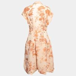 Pre Owned Bottega Veneta Orange Floral Embroidered Silk Wrap Detail Dress M