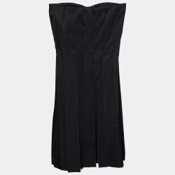 Bottega Veneta Black Synthetic Pleated Fringe Strapless Dress S