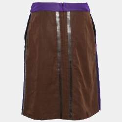 Pre Owned Bottega Veneta Purple & Brown Cotton Plastic Detail Pleated Pencil Skirt S