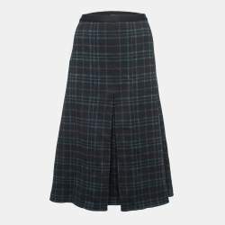 Pre Owned Bottega Veneta Black & Metallic Plaid Wool Pleated Midi Skirt L    