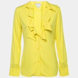 Bottega Veneta Yellow Stretch Crepe Ruffle Neck Top S