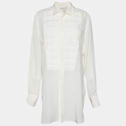 Bottega Veneta Ivory White Silk Grid Detail Dress Shirt M