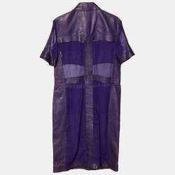 Pre Owned Bottega Veneta Purple Leather & Cotton Button Front Midi Dress L
