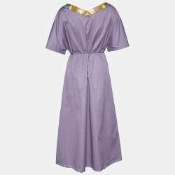 مملوكة مسبقًا Bottega Veneta Purple Cotton & Leather Neck Trim Belted Maxi Dress M