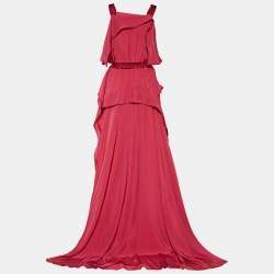 Bottega Veneta Pink Satin Scarf hem Detail Belted Sleeveless Gown M