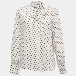Bottega Veneta Off-White Polka Dotted Silk Tie Neck Detail Long Sleeve Blouse M
