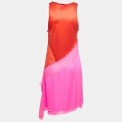 Pre Owned Bottega Veneta Pink/Orange Silk Asymmetrical Mesh Inset Dress M
