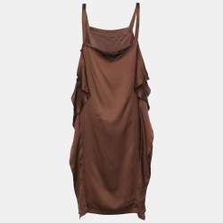 Pre Owned Bottega Veneta Brown Silk Satin Ruffle Detail Mini Dress L