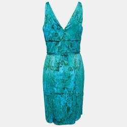 Pre Owned Bottega Veneta Blue/Green Marble Printed Plisse Satin Mini Dress M