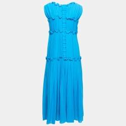 Pre Owned Bottega Veneta Blue Ruffled Cotton Sleeveless Midi Dress M