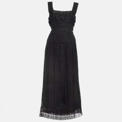 Pre Owned Bottega Veneta Black Silk Blend Pleated Lace Trim Midi Dress L