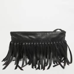 Bottega Veneta Black Intrecciato Leather Fringe Clutch