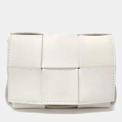 Pre Owned Bottega Veneta  White Lambskin Intrecciato Cassette Crossbody Bag 