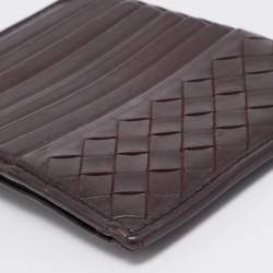 Pre Owned Bottega Veneta Dark Burgundy Intrecciato Leather Zip Card Holder