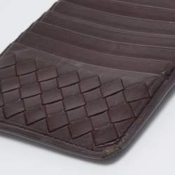 Pre Owned Bottega Veneta Dark Burgundy Intrecciato Leather Zip Card Holder