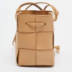 Pre Owned Bottega Veneta Beige Intreccio Leather Mini Cassette Bucket Bag
