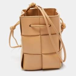 Pre Owned Bottega Veneta Beige Intreccio Leather Mini Cassette Bucket Bag