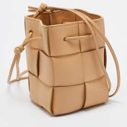 Pre Owned Bottega Veneta Beige Intreccio Leather Mini Cassette Bucket Bag