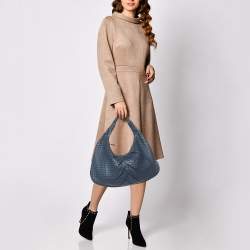 Pre Owned Bottega Veneta Blue Intrecciato Leather Large Veneta Hobo