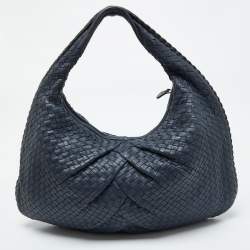 Pre Owned Bottega Veneta Blue Intrecciato Leather Large Veneta Hobo