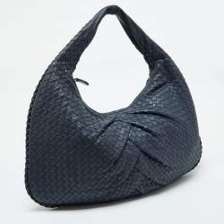 Pre Owned Bottega Veneta Blue Intrecciato Leather Large Veneta Hobo