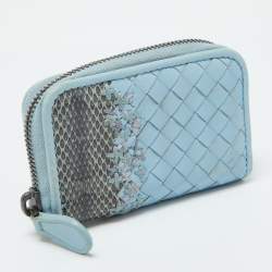 Pre Owned Bottega Veneta Blue Intrecciato Leather and Karung Leather Coin Purse 