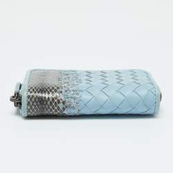 Pre Owned Bottega Veneta Blue Intrecciato Leather and Karung Leather Coin Purse 