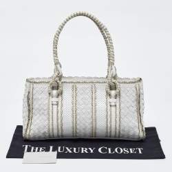 Pre Owned Bottega Veneta White/Beige Perforated Intrecciato Leather Tote