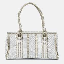 Pre Owned Bottega Veneta White/Beige Perforated Intrecciato Leather Tote